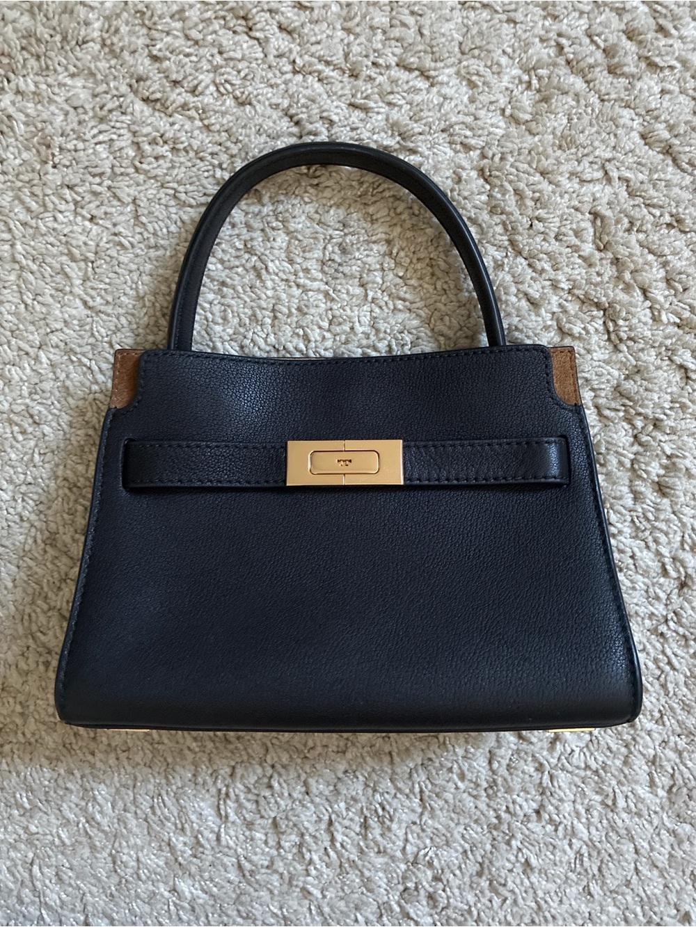 Tory Burch Black Leather Top-Handle Satchel with Gold Hardware and Brown Accents